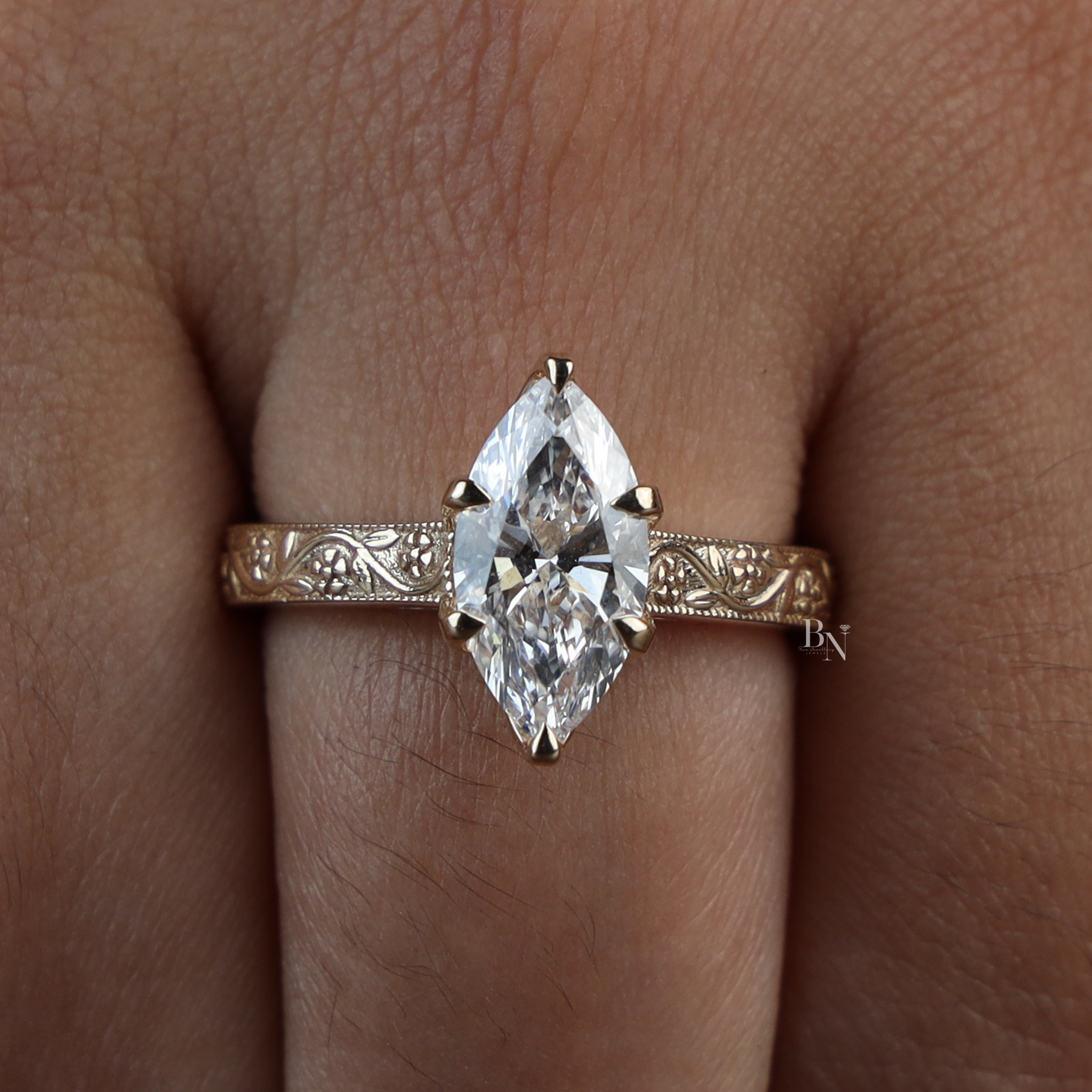 2ct Marquise Lab Grown Diamond Engagement Ring | Vintage Engraved Art Deco Solitaire 14K Gold
