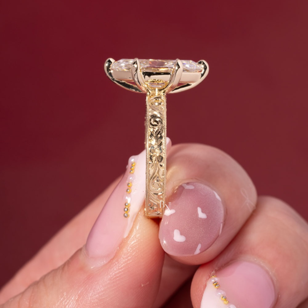 3ct Marquise Lab Grown Diamond Engagement Ring | 14K Yellow Gold | Vintage Hand Engraved Band | Art Deco Solitaire (photos of 3ct Ring)