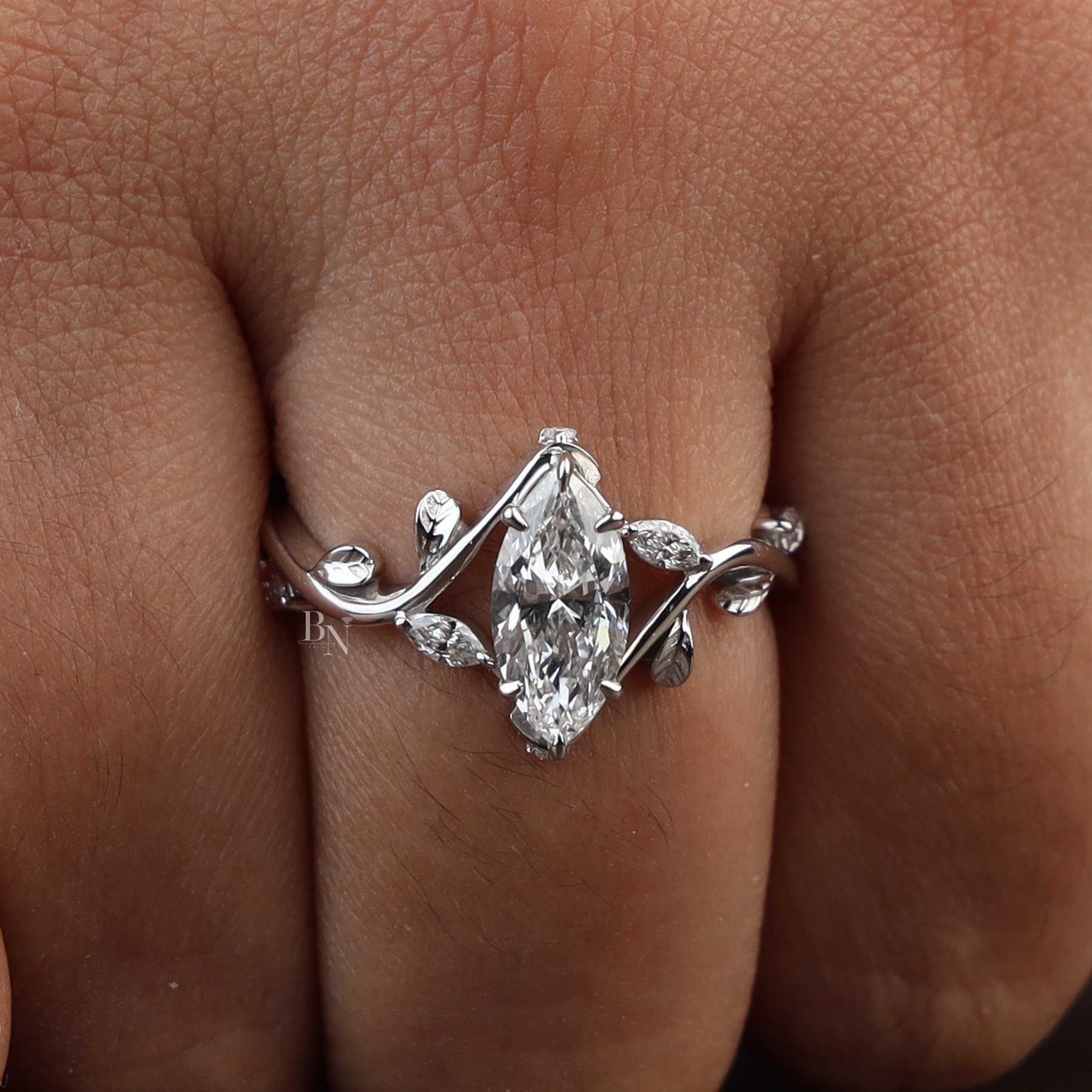 1ct Marquise Lab Grown Diamond Engagement Ring | Nature Vine Leaf Setting 14K White Gold