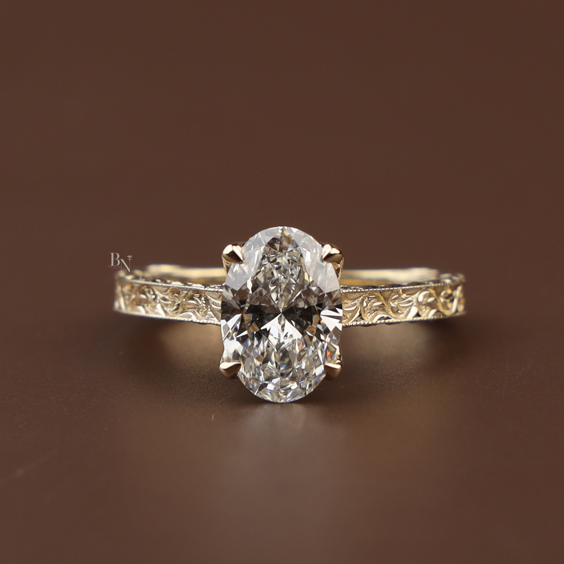 2ct Oval Lab Grown Diamond Engagement Ring | Vintage Hand Engraved Hidden Halo 14K Yellow Gold