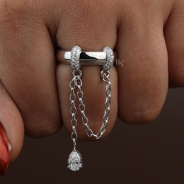 Pear Cut Lab Grown Diamond Dangle Chain Ring | Lariat Band 14K White Gold