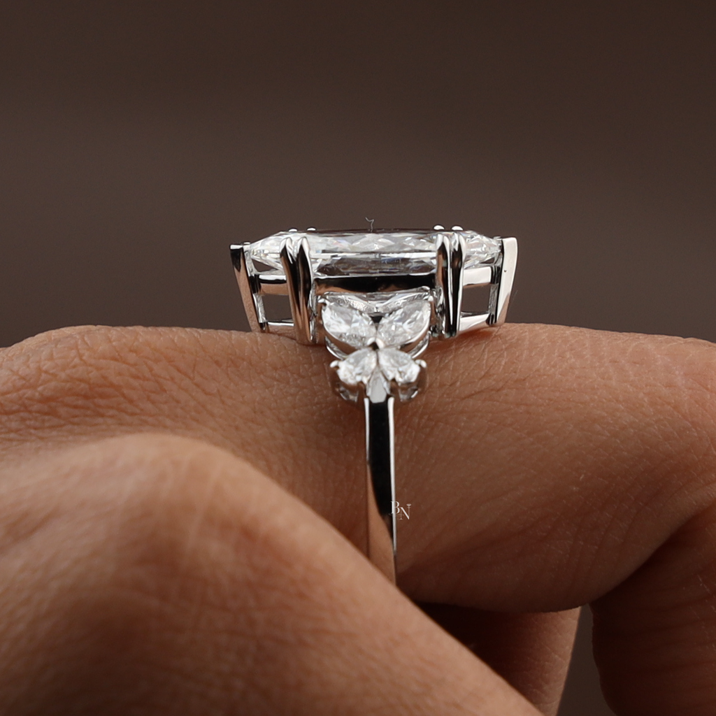3.50ct Marquise Lab Grown Diamond Engagement Ring | Butterfly Side Stones | 14K White Gold V-Prong | IGI Certified Type IIa Bridal Jewelry