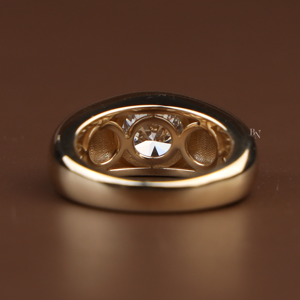 1.5ct Round Lab Grown Diamond Engagement Ring | Bezel Set Solitaire | 14K Yellow Gold Wide Band | IGI Certified |