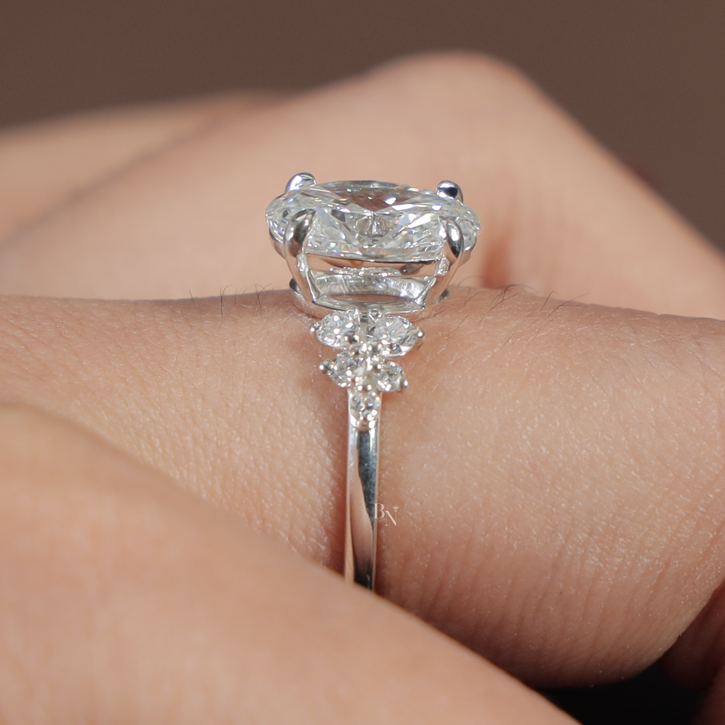 2 Carat Oval Lab Grown Diamond Engagement Ring | 14K White Gold Cluster Setting | IGI Certified | Unique Bridal Anniversary Ring |