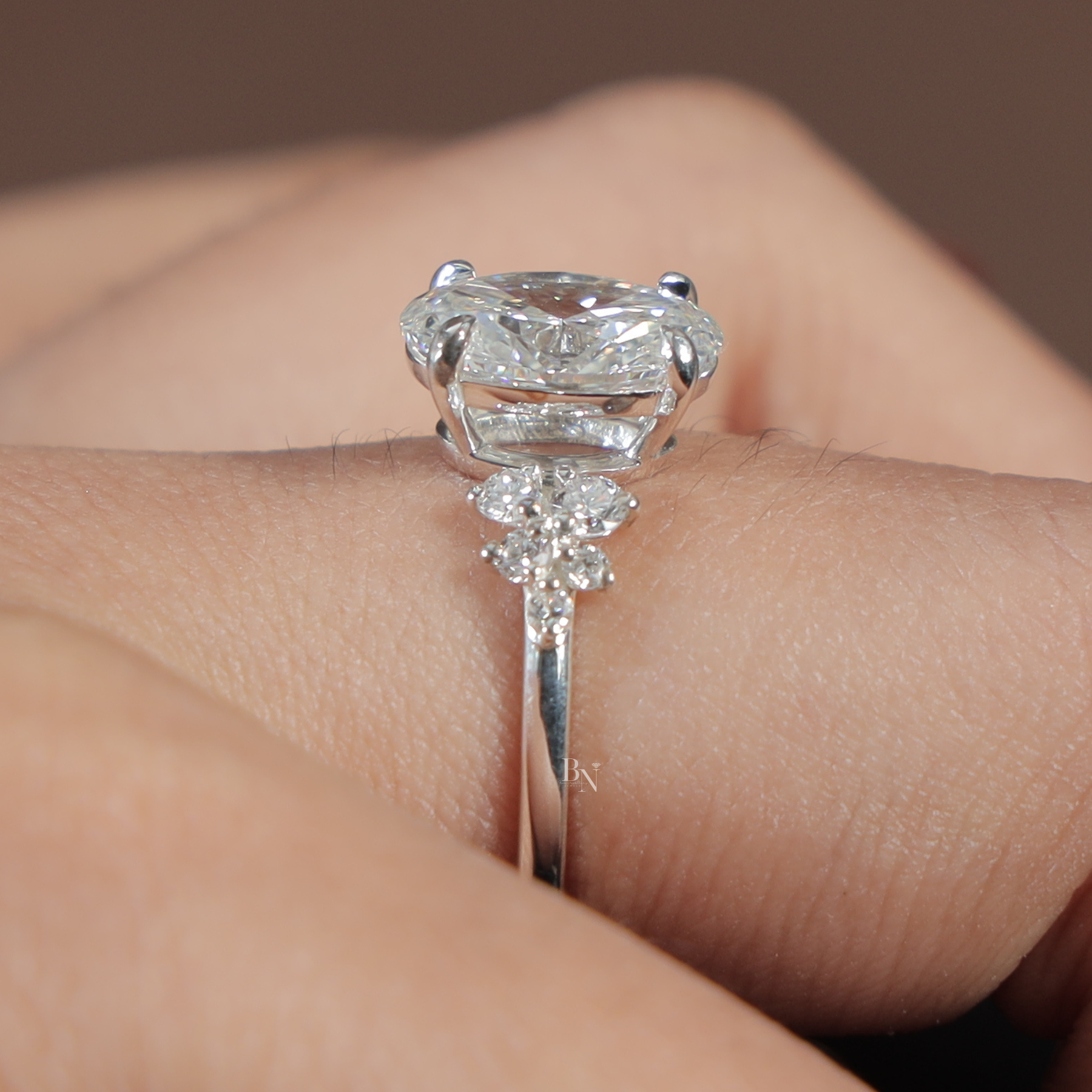 2ct Oval Lab Grown Diamond Engagement Ring | Cluster Setting 14K White Gold