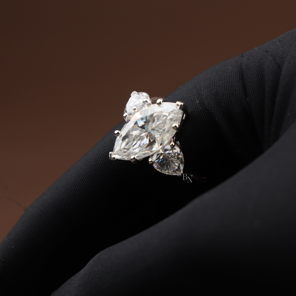 5.50ct Marquise Lab Grown Diamond Engagement Ring | Heart Side Stones | 14K White Gold Three Stone Ring | IGI Certified | V-Tip Solitaire