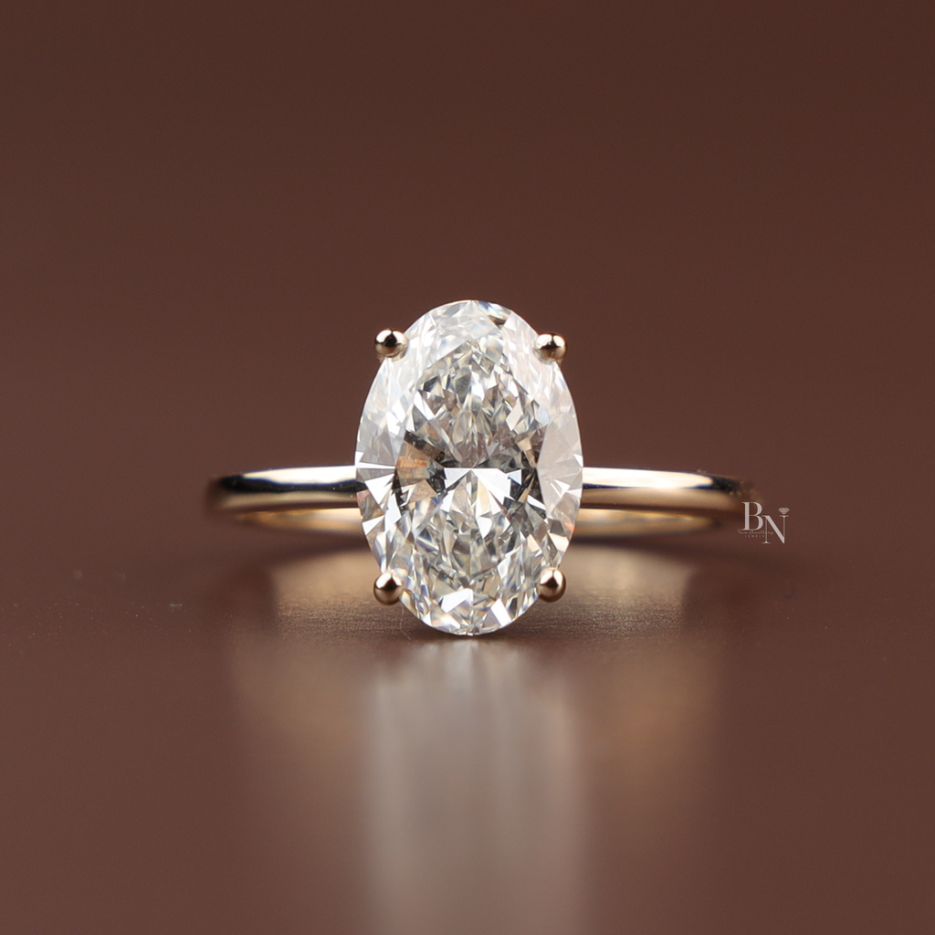 3ct Oval Lab Diamond Engagement Ring, Yellow Gold Hidden Halo Solitaire Ring, Classic Plain Band Wedding Ring, Minimalist Bridal Jewelry