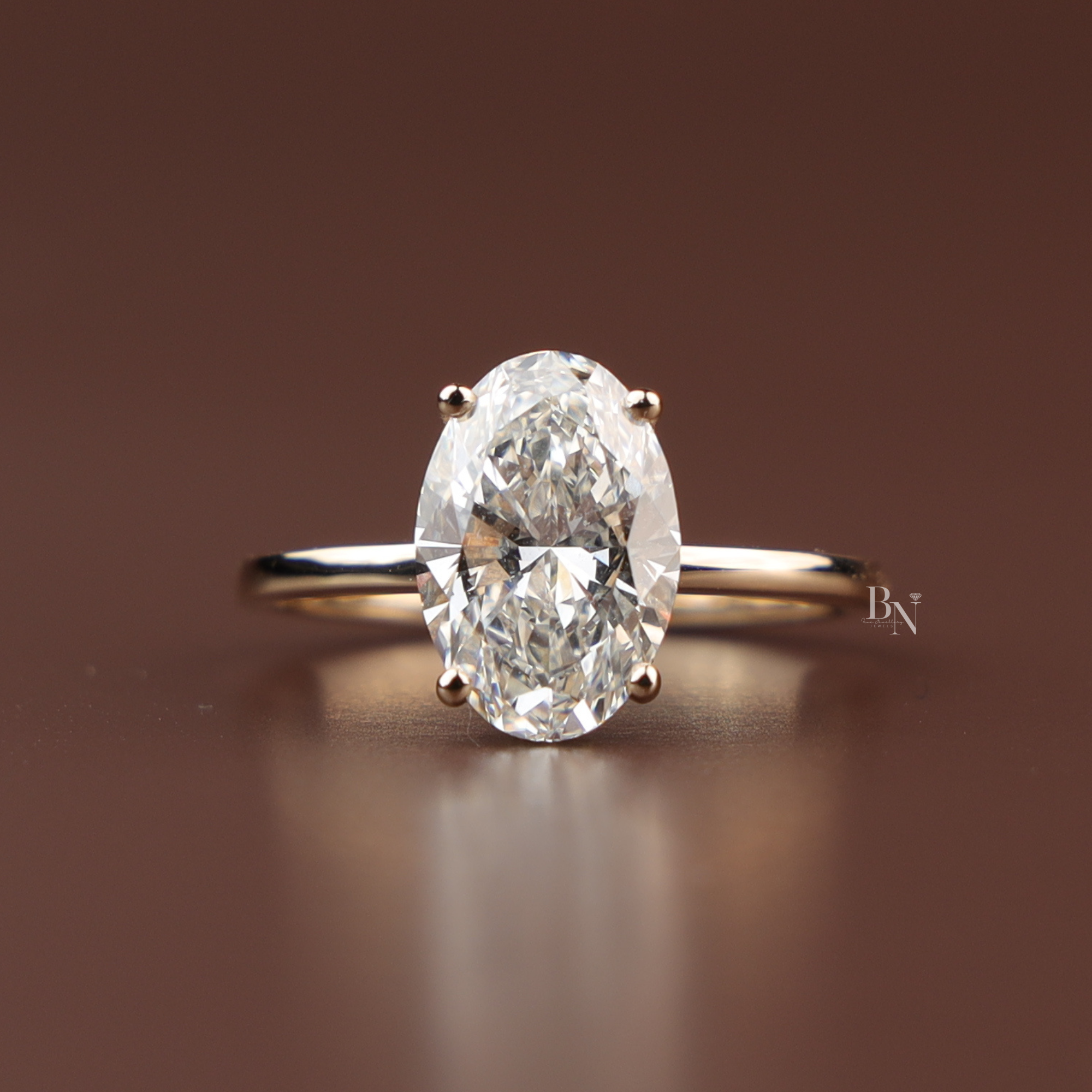 3ct Oval Lab Diamond Engagement Ring, Yellow Gold Hidden Halo Solitaire Ring, Classic Plain Band Wedding Ring, Minimalist Bridal Jewelry