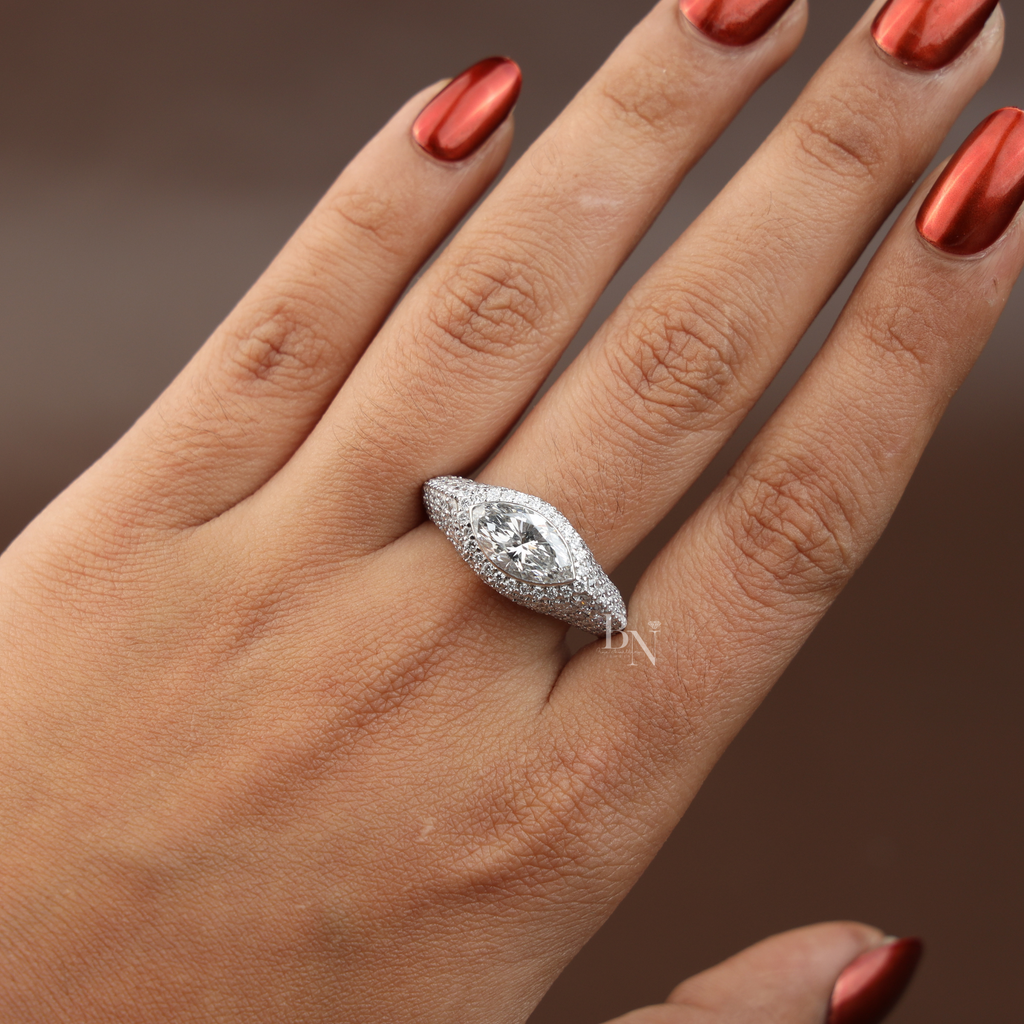 2ct Marquise Lab Grown Diamond Engagement Ring | Hidden Halo Pave Band | 14K White Gold Cathedral Ring | IGI Certified