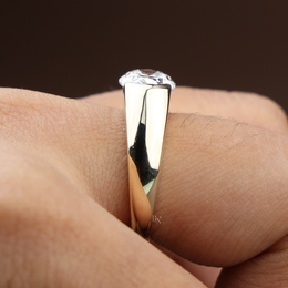 2.5ct East West Oval Lab Grown Diamond Engagement Ring | Half Bezel Signet 14K Yellow Gold