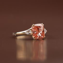 3ct Fancy Pink Cushion Lab Grown Diamond Engagement Ring | Three Stone Pear Side Stones 14K Gold