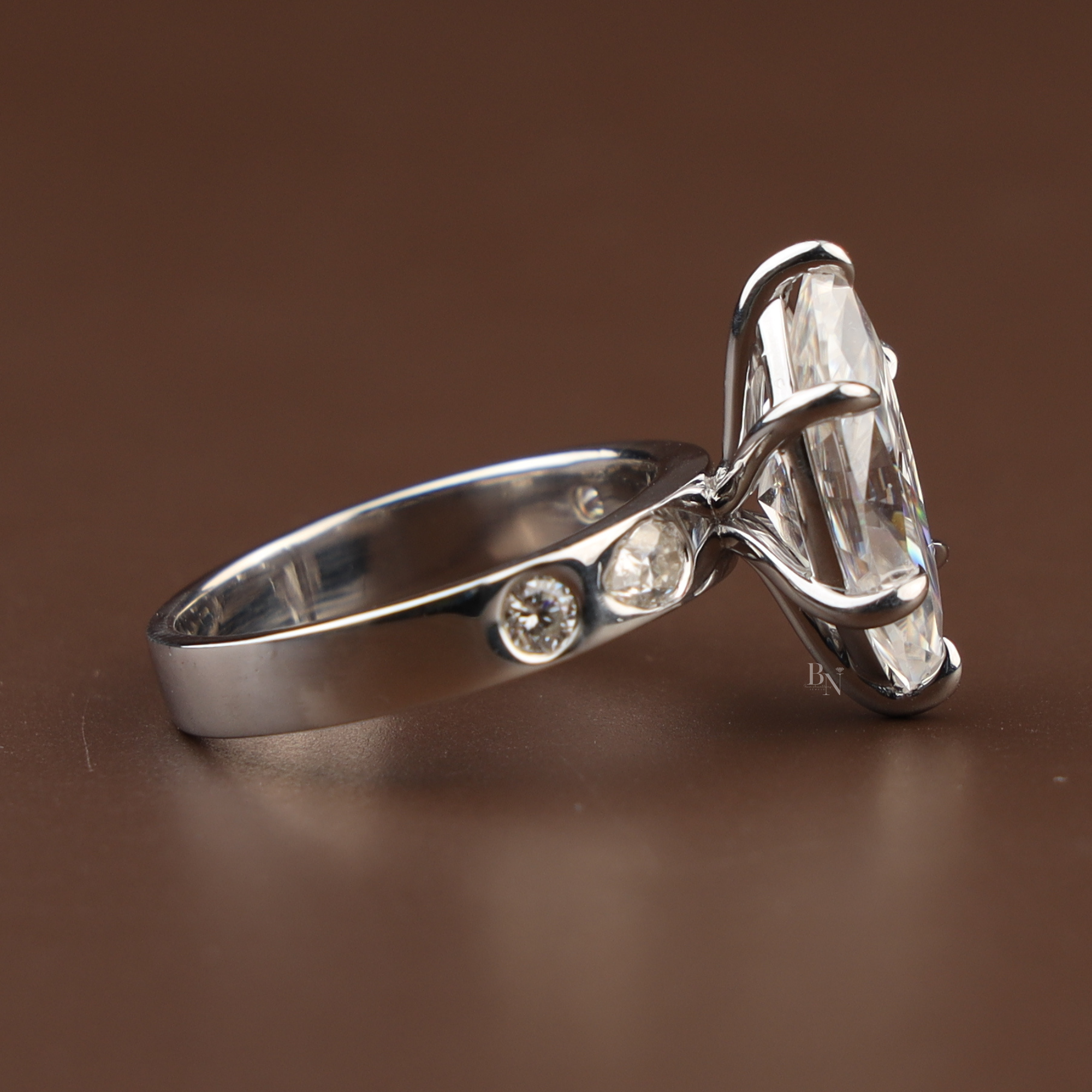 3ct Marquise Lab Grown Diamond Engagement Ring | 14K White Gold Six Prong V-Tip Solitaire | Unique Bezel Accent Band |