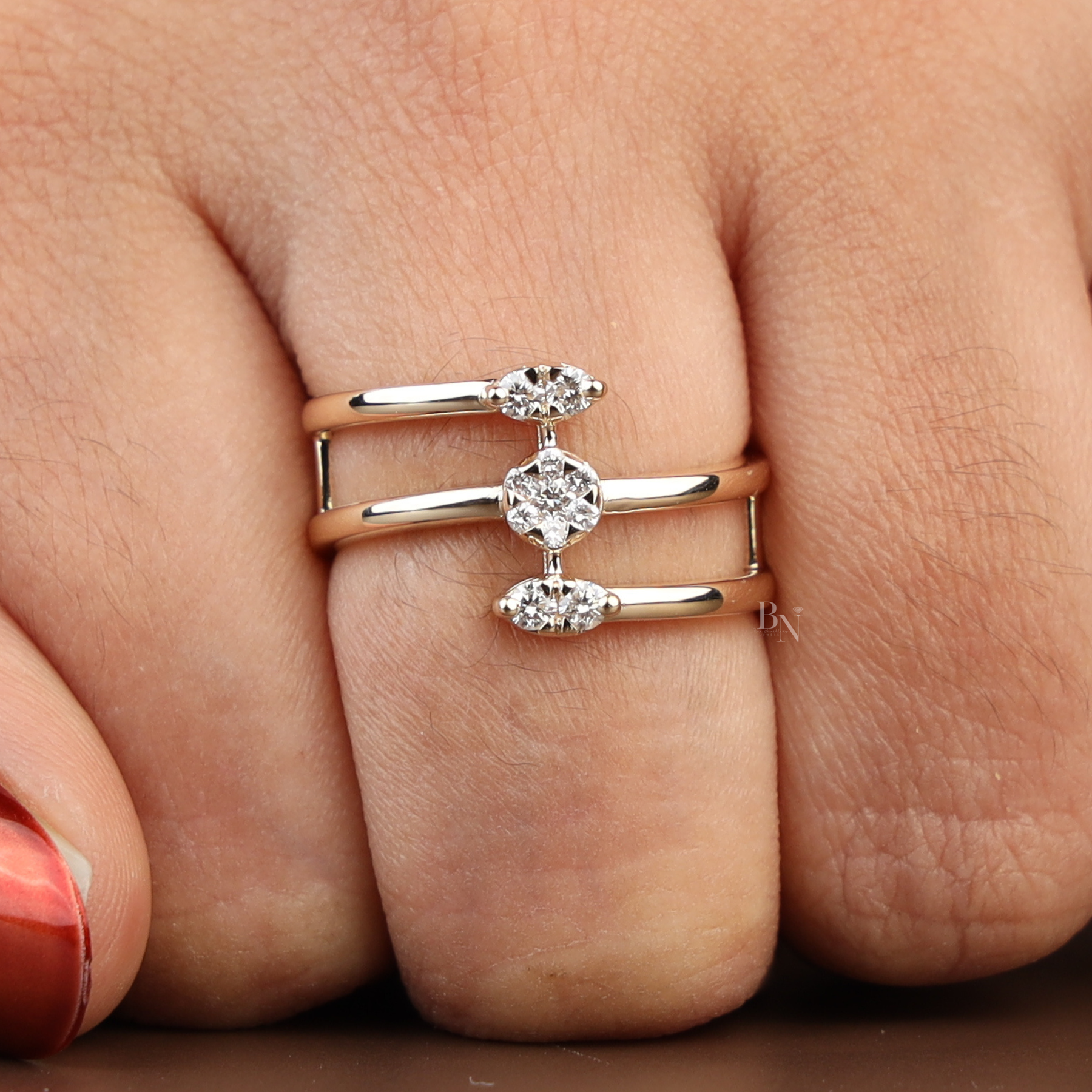 Triple Band Bypass Lab Grown Diamond Ring | Multi Row Cage Band 14K Gold