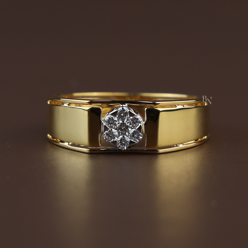 Macro shot of a yellow gold cluster diamond ring featuring 0.20ctw round lab-grown diamonds in a modern, sleek bridge setting, perfect as a contemporary men's wedding band or unique engagement ring.