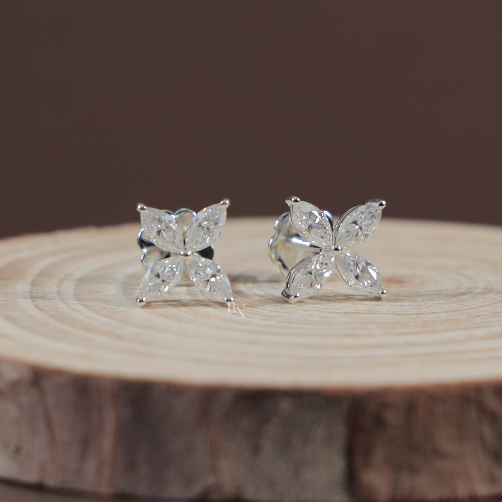 1.60 Carat Marquise Lab Grown Diamond Stud Earrings | 14K White Gold Floral Cluster Studs | IGI Certified Diamond | Secure Screw Back