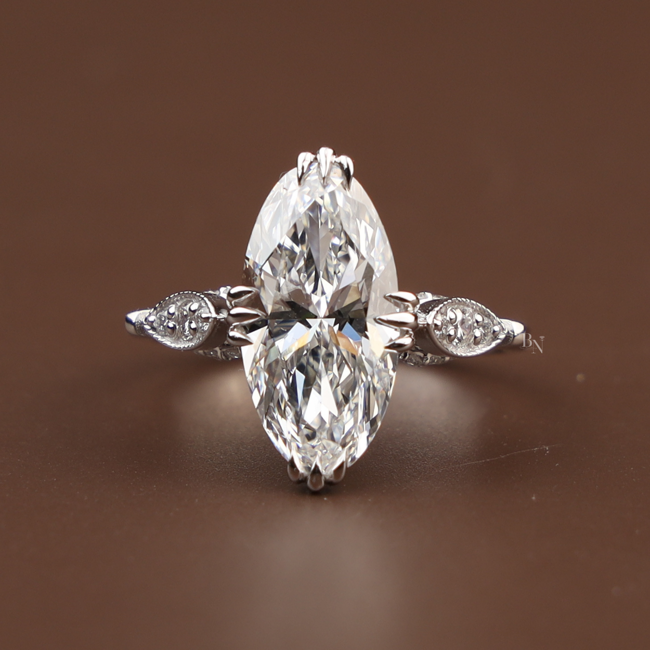 3ct Moval Cut Lab Grown Diamond Engagement Ring | Vintage Milgrain Navette Art Deco 14K White Gold