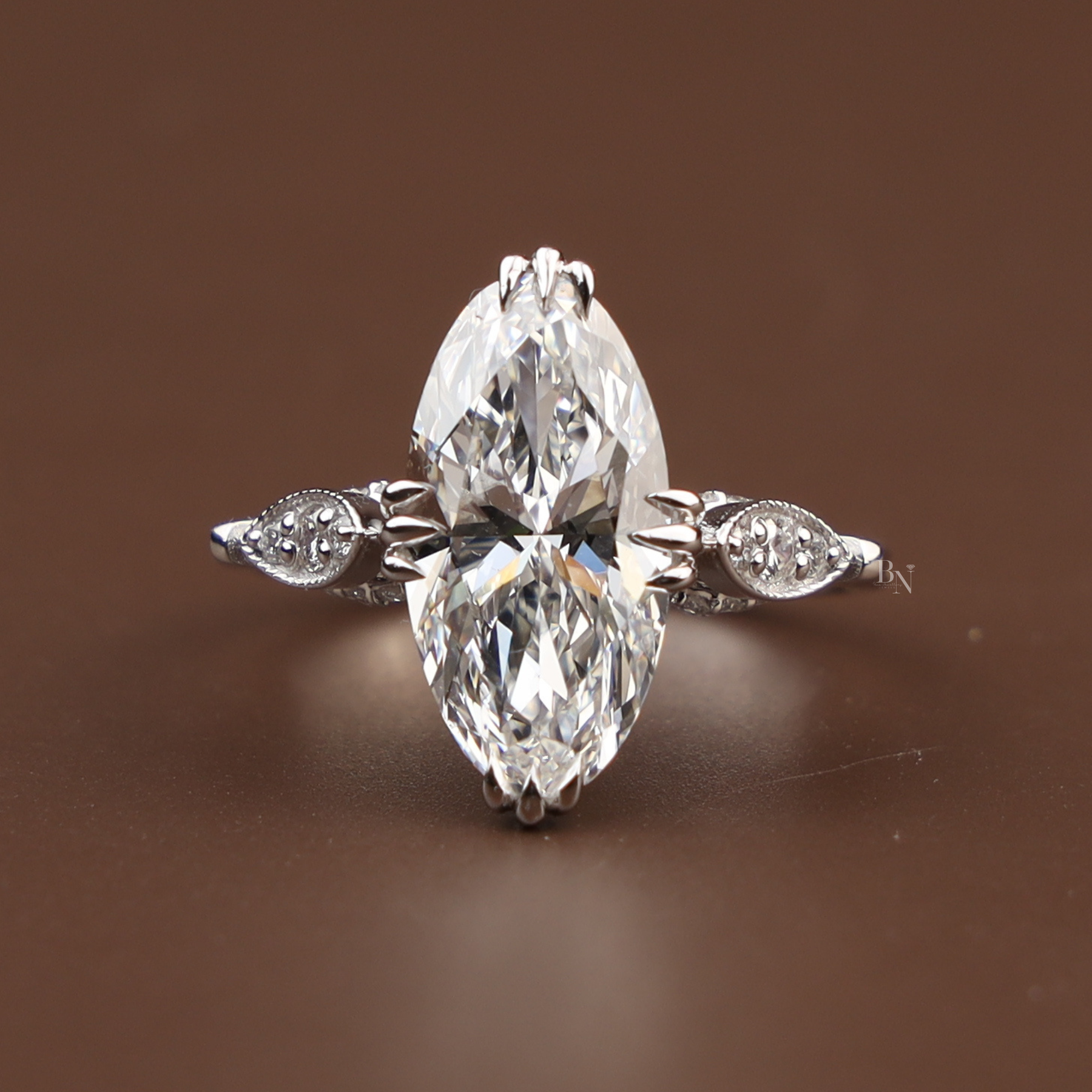 3ct Moval Cut Lab Grown Diamond Engagement Ring | Vintage Milgrain Navette Art Deco 14K White Gold