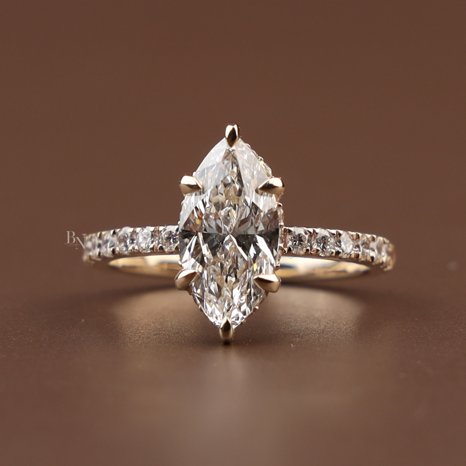 3ct Marquise Lab Grown Diamond Engagement Ring | Hidden Halo Pavé Bridal Ring 14K Yellow Gold