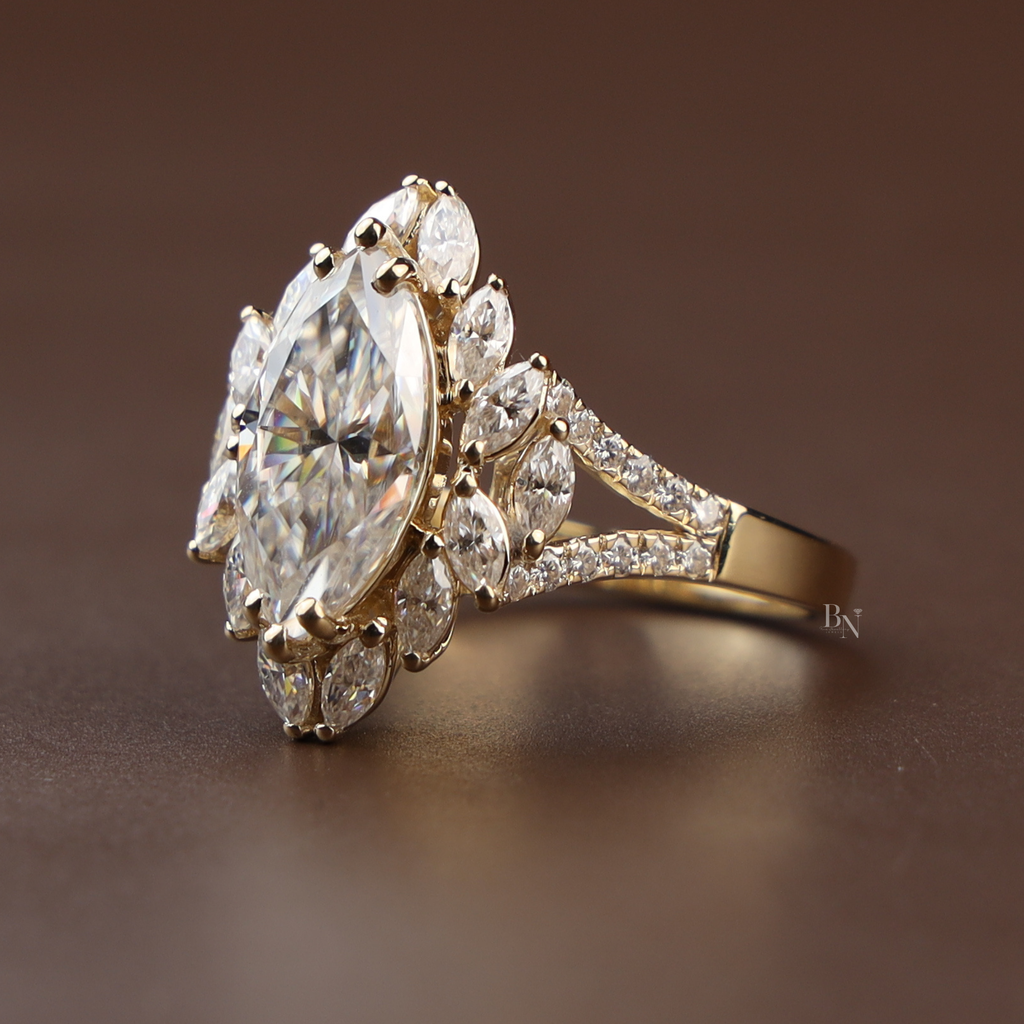 3ct Marquise Lab Diamond Engagement Ring | Marquise Cluster Halo Setting | Split Shank Gold Band | Unique Luxury Wedding Jewelry |
