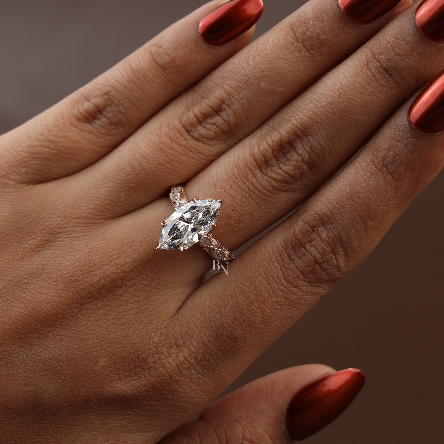 3ct Marquise Lab Grown Diamond Engagement Ring | Vintage Twisted Vine Band 14K Rose Gold