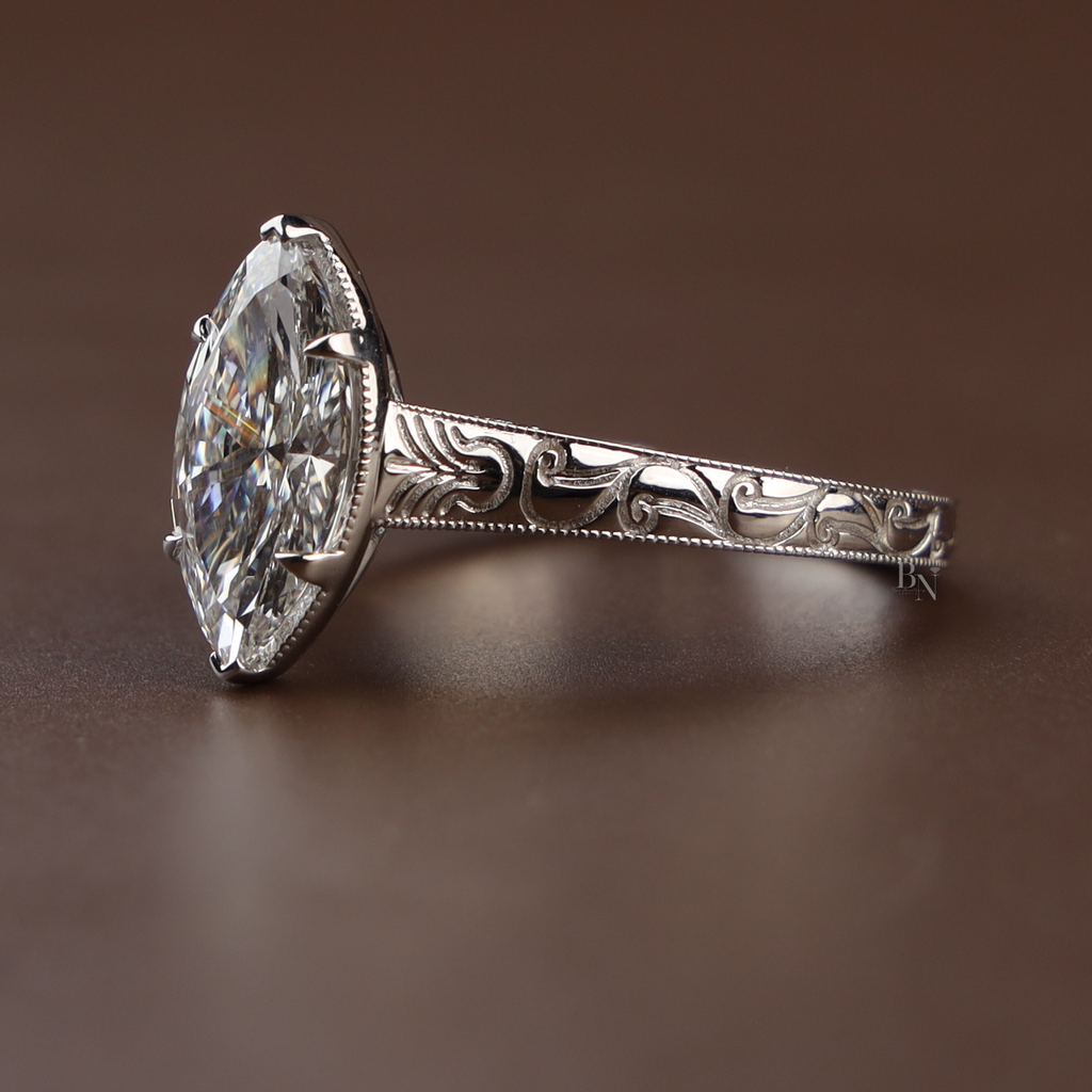 3ct Marquise Lab Diamond Engagement Ring | Vintage Art Deco Style | Engraved Antique Band | Milgrain Setting |Unique Proposal Ring