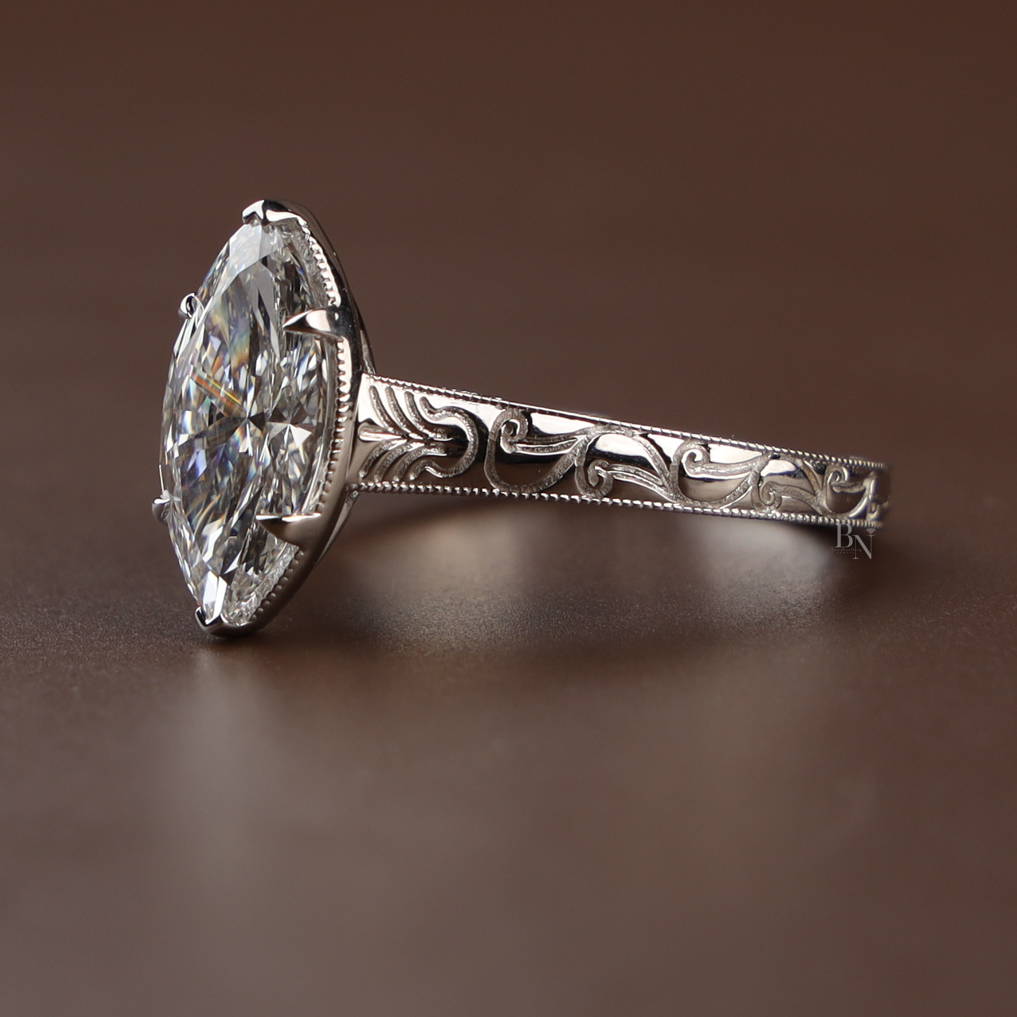 3ct Marquise Lab Diamond Engagement Ring | Vintage Art Deco Style | Engraved Antique Band | Milgrain Setting |Unique Proposal Ring