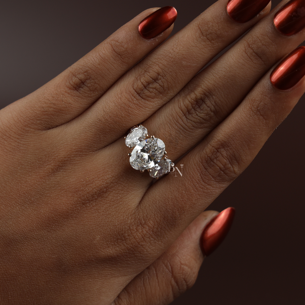 4ct Oval Lab Diamond Engagement Ring, 14K Rose Gold Three Stone Ring, Graduated Oval Bridal Ring, Pave Anniversary Ring, Unique Wedding Ring