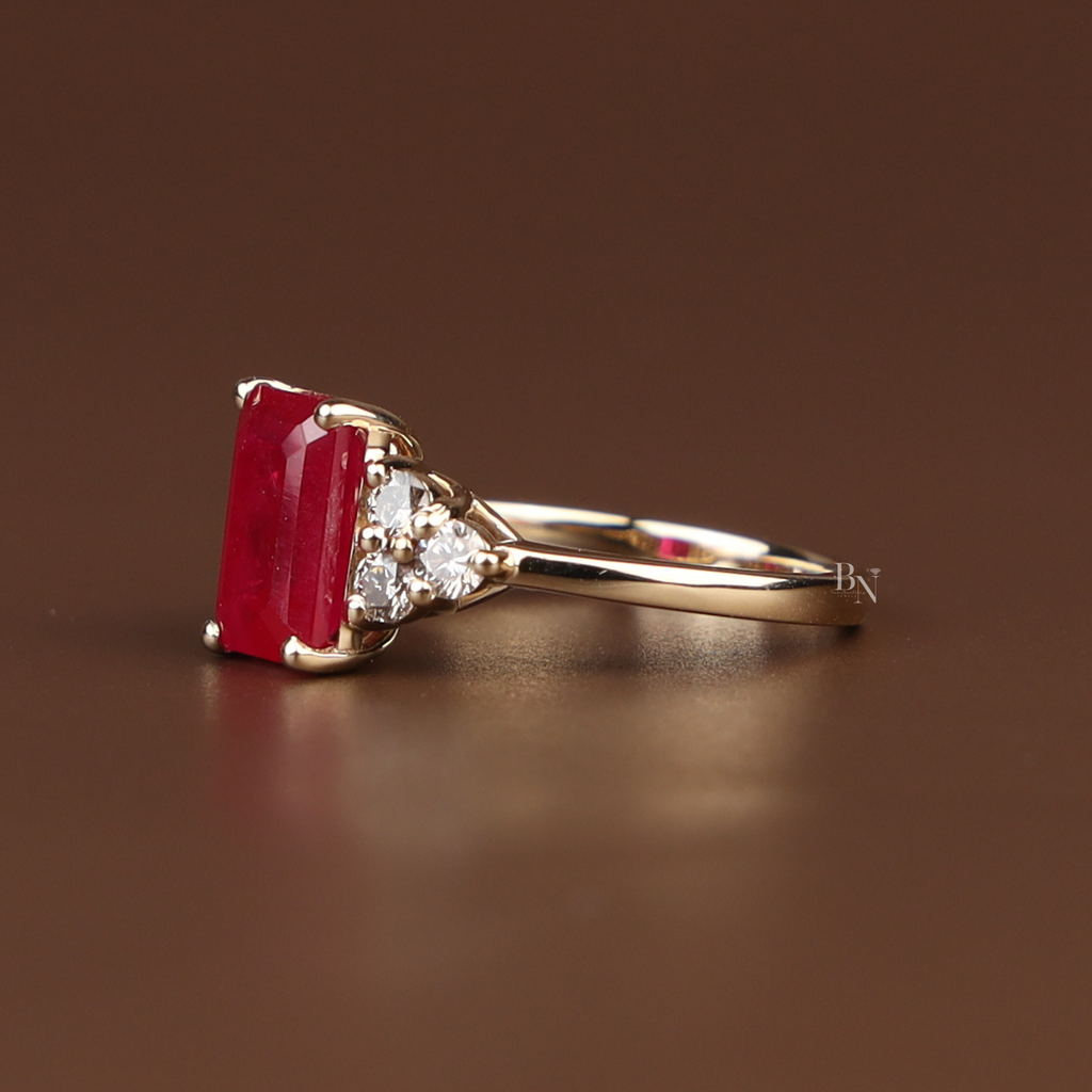 2ct Emerald Cut Red Lab Diamond Engagement Ring | 14K Yellow Gold | Hidden Halo | Triple Cluster Side Stone | Type IIa | IGI Certified Ruby