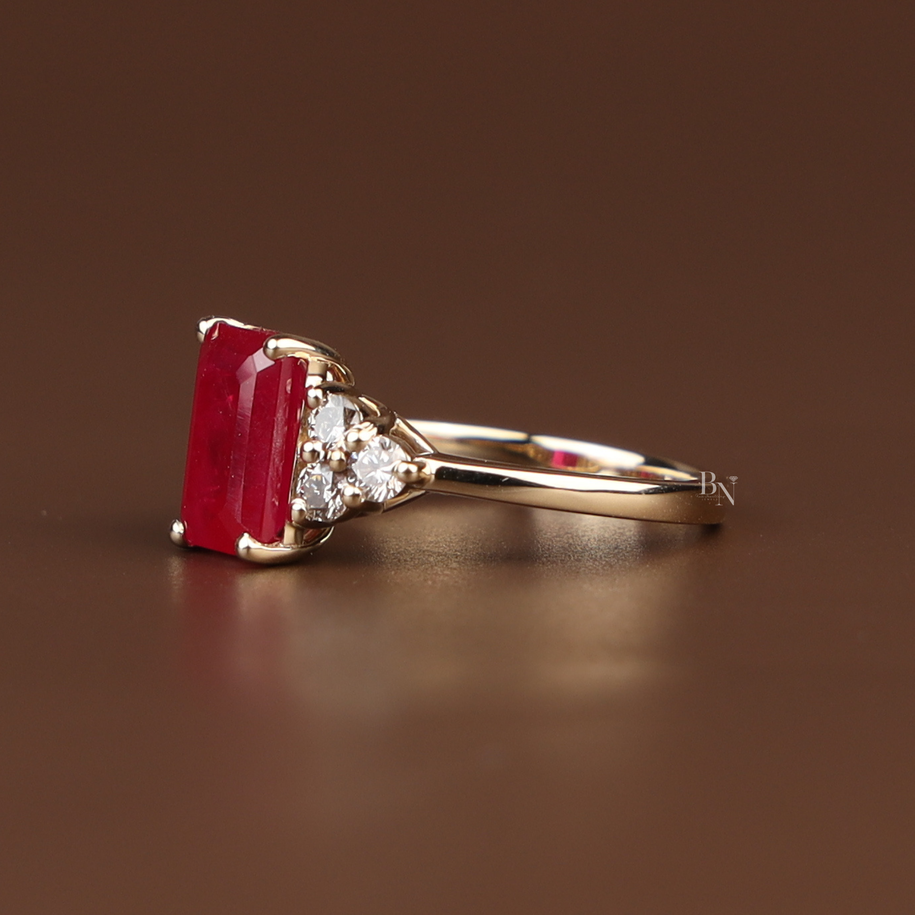 2ct Emerald Cut Red Lab Grown Diamond Engagement Ring | Hidden Halo Triple Cluster 14K Yellow Gold