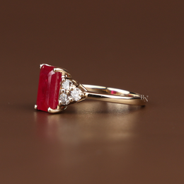 2ct Emerald Cut Red Lab Grown Diamond Engagement Ring | Hidden Halo Triple Cluster 14K Yellow Gold