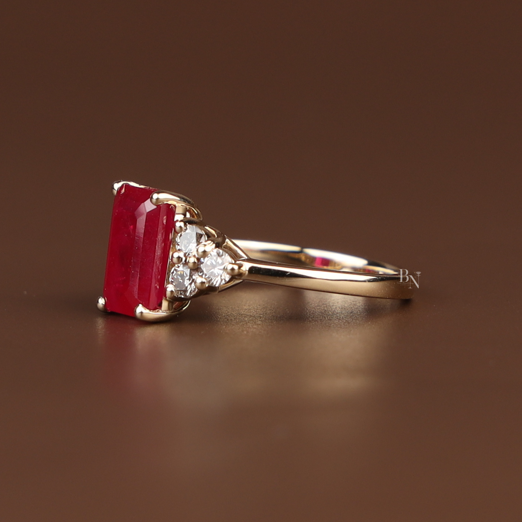 2ct Emerald Cut Red Lab Diamond Engagement Ring | 14K Yellow Gold | Hidden Halo | Triple Cluster Side Stone | Type IIa | IGI Certified Ruby