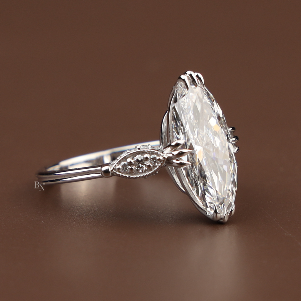 3ct Moval Cut Lab Grown Diamond Engagement Ring | 14K White Gold Vintage Solitaire | Milgrain Navette Band| Art Deco Promise