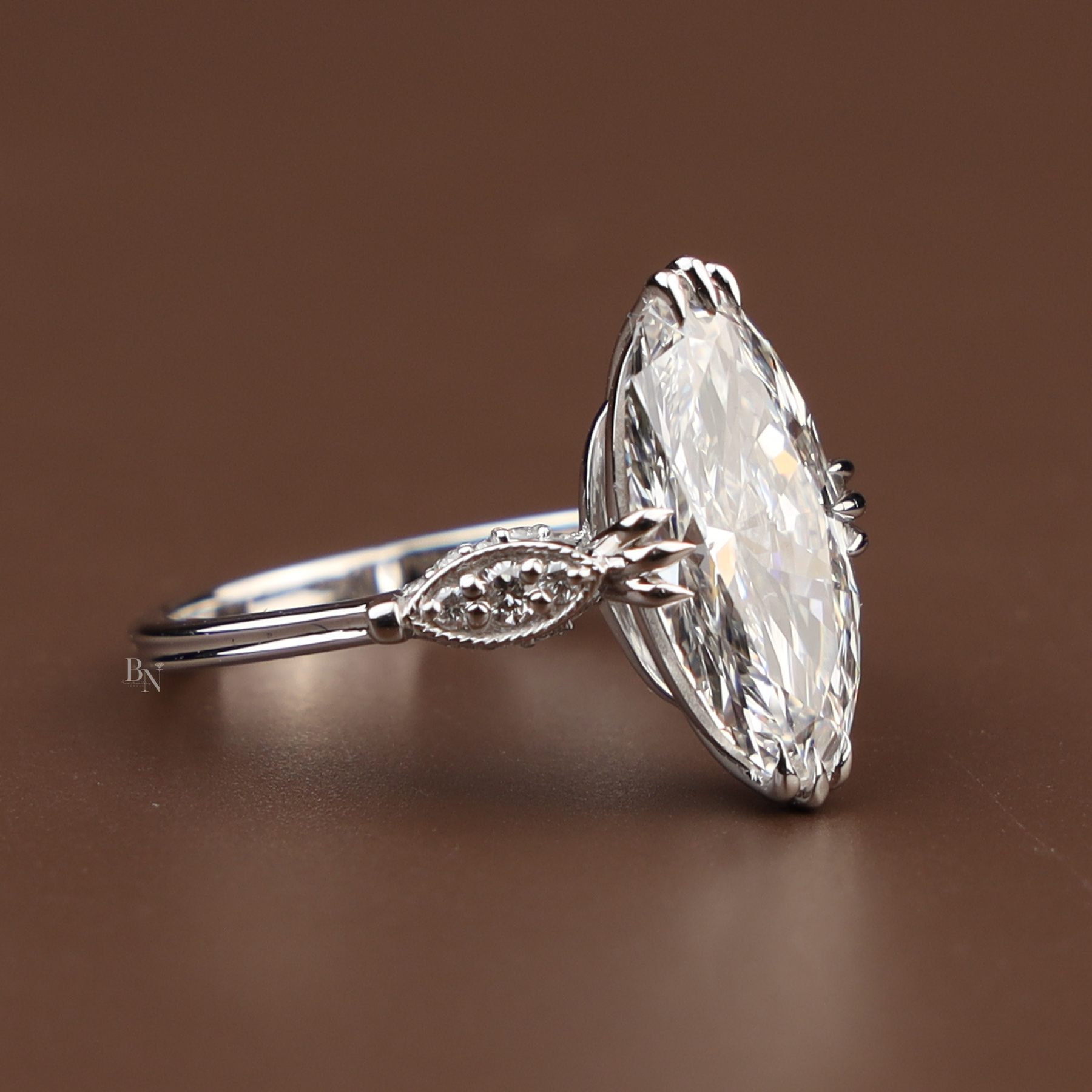 3ct Moval Cut Lab Grown Diamond Engagement Ring | Vintage Milgrain Navette Art Deco 14K White Gold
