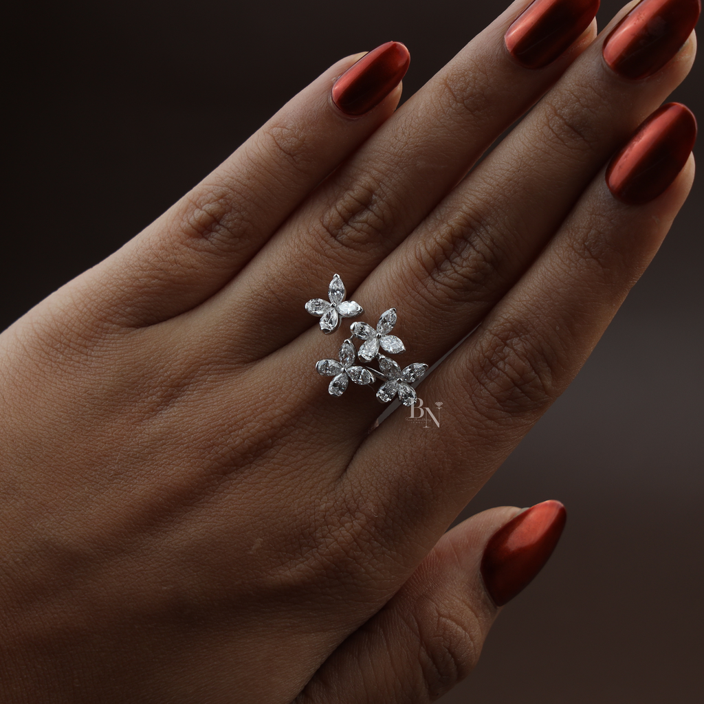 2ctw Butterfly Lab Grown Diamond Ring | Marquise Cut Cluster Bypass Band | 14K White Gold Floral Engagement Ring |