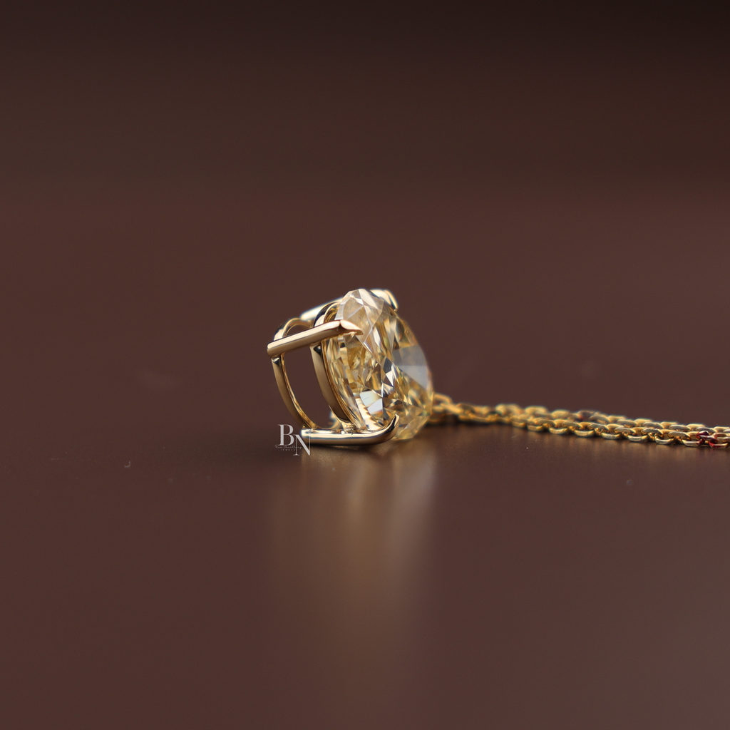 6 Carat Fancy Yellow Oval Moissanite Necklace , Yellow Gold Solitaire Pendant , Sparkling Statement Necklace
