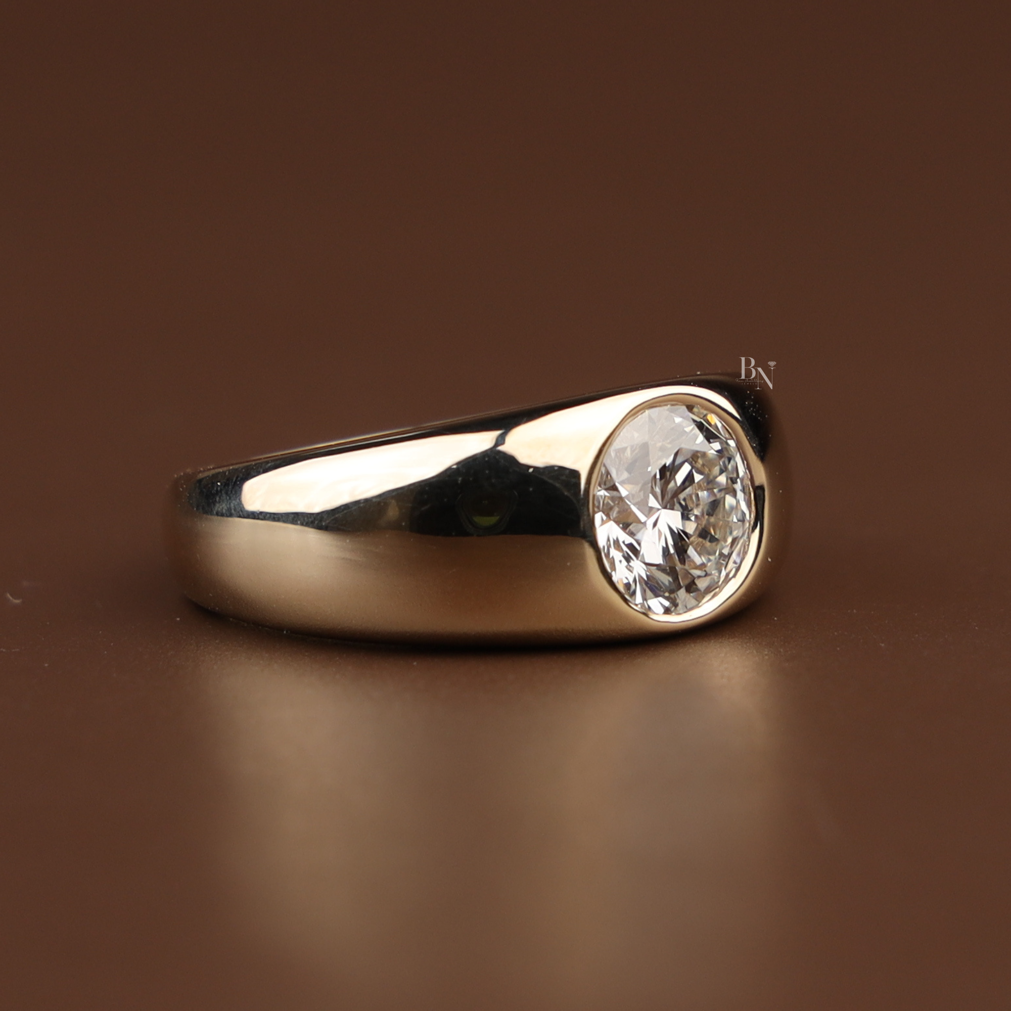 1.5ct Round Lab Grown Diamond Engagement Ring | Bezel Set Solitaire | 14K Yellow Gold Wide Band | IGI Certified |