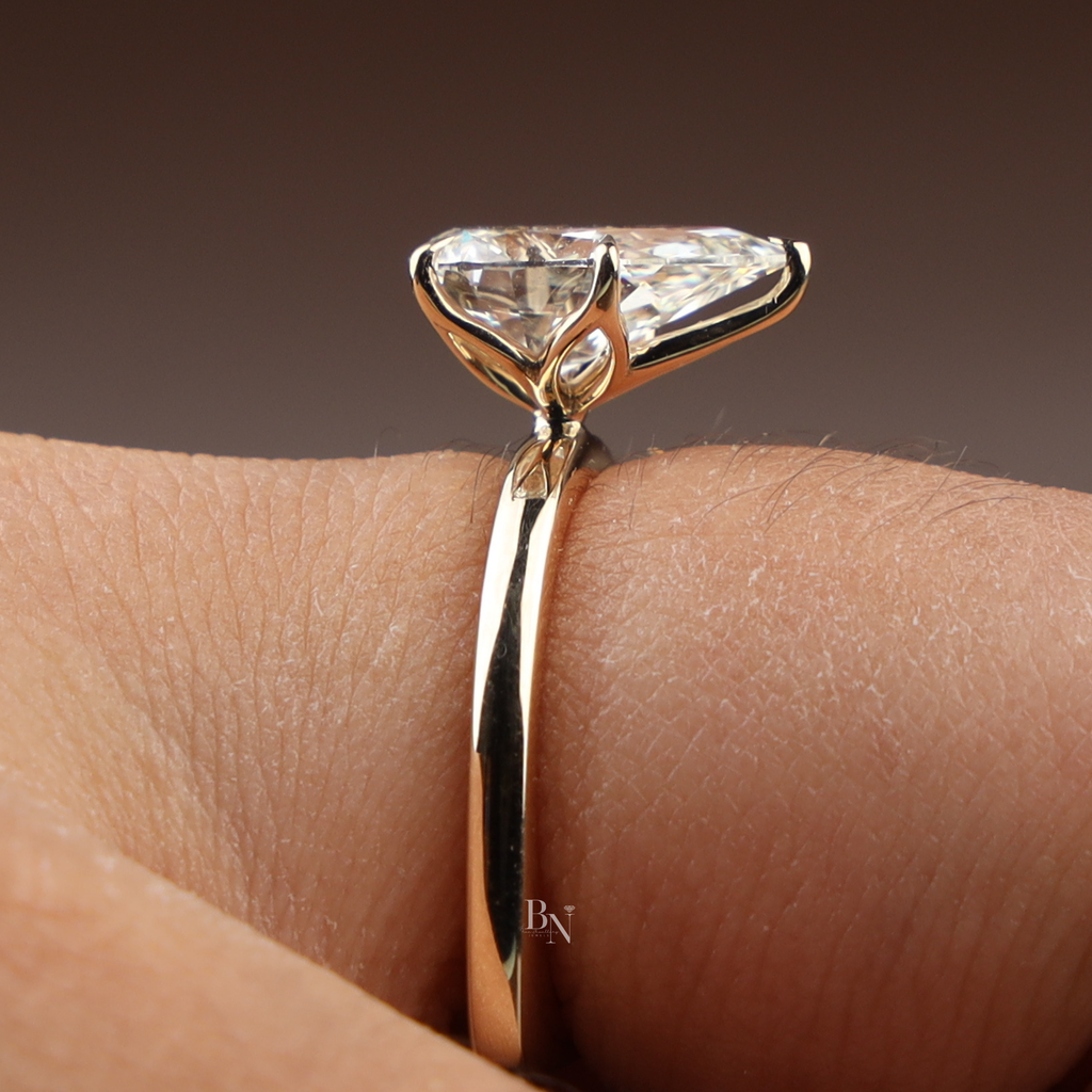 2ct Pear Cut Lab Grown Diamond Engagement Ring | 14K Yellow Gold Lotus Solitaire | Dainty Teardrop Proposal Ring | IGI Certified