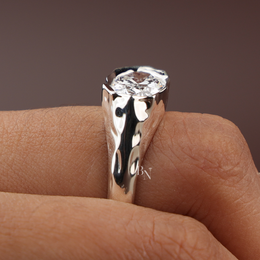 3ct Oval Lab Grown Diamond Engagement Ring | Molten Bezel Heavy Signet Asymmetric 14K Platinum