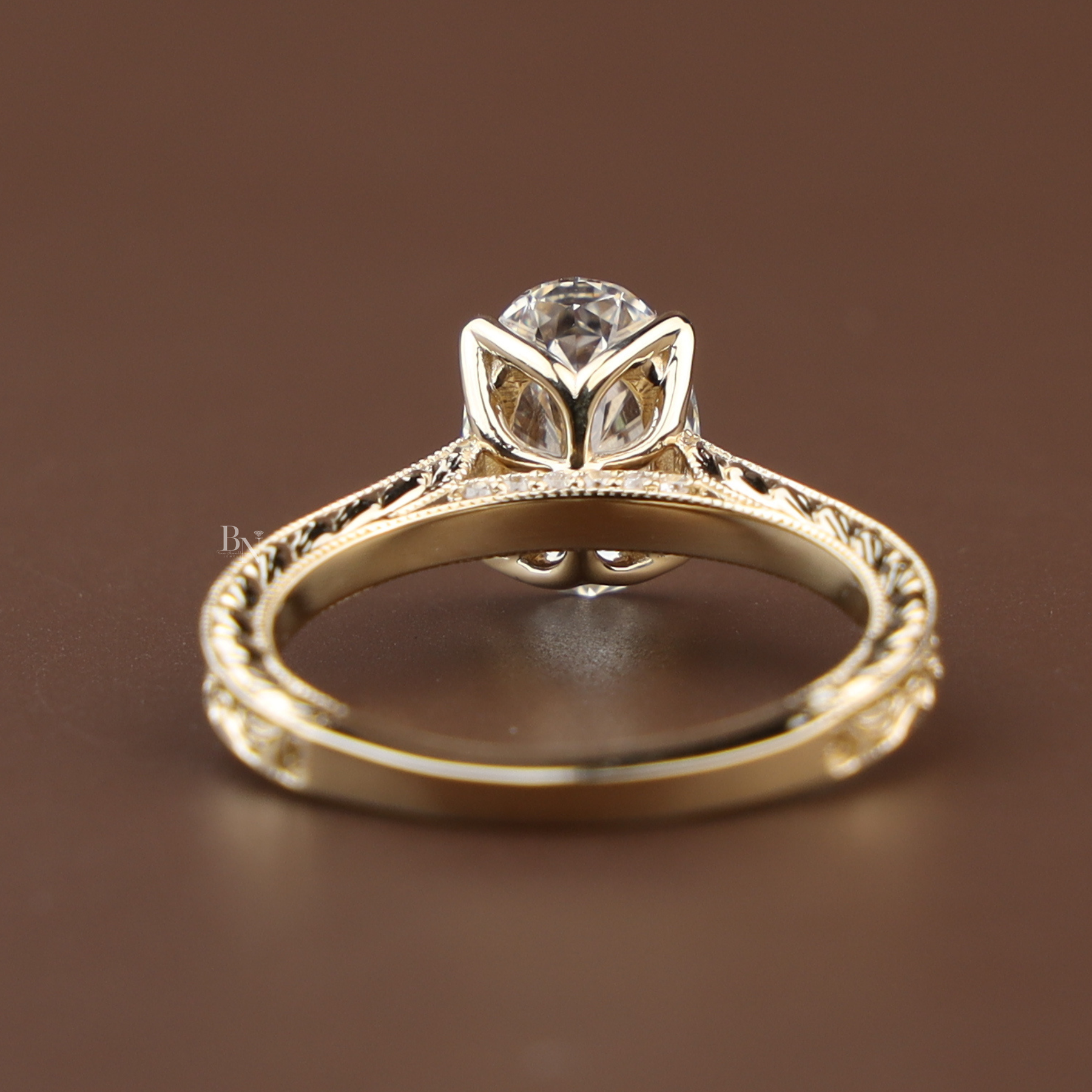 2ct Oval Lab Grown Diamond Engagement Ring | Vintage Hand Engraved Hidden Halo 14K Yellow Gold