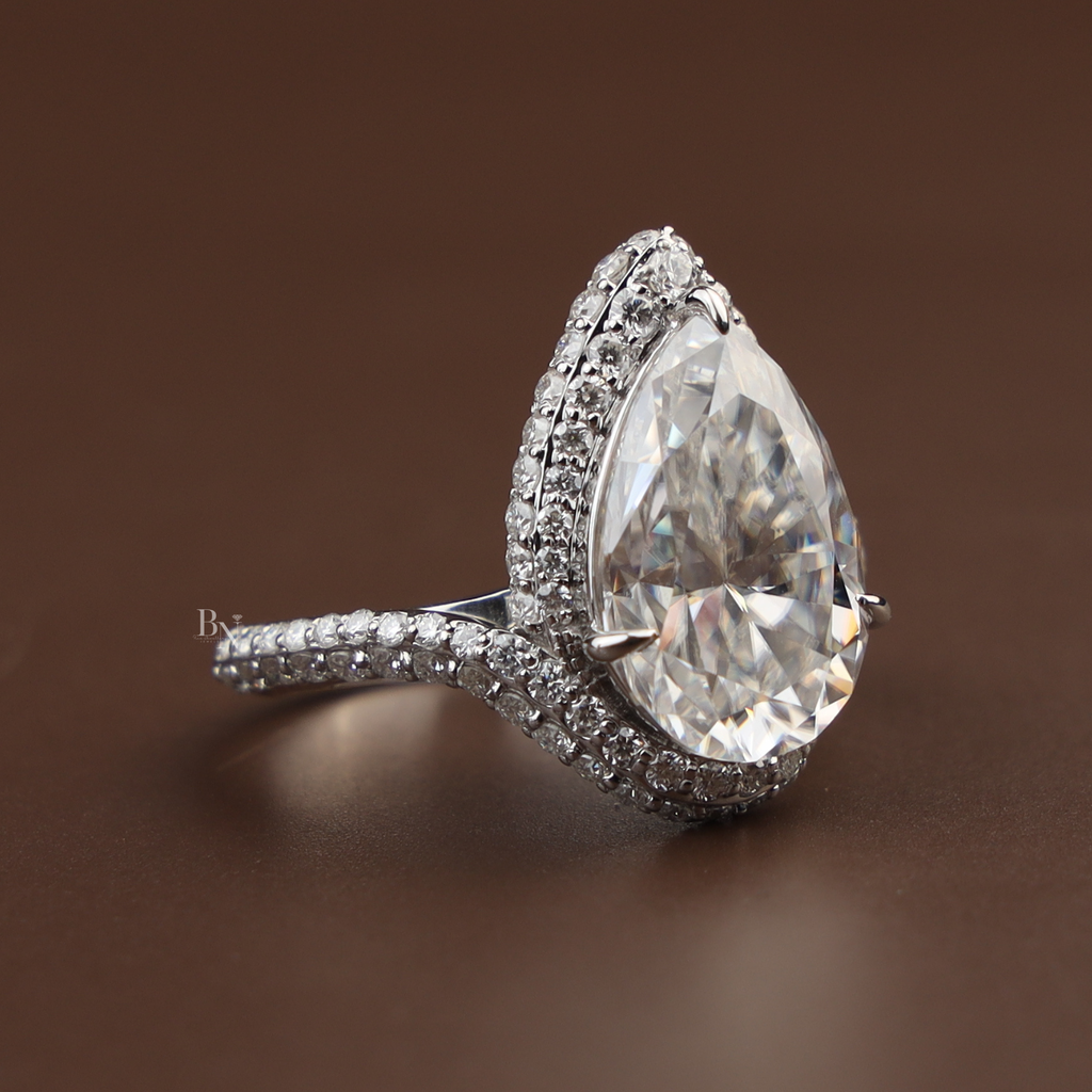 5.50ct Pear Moissanite Engagement Ring | 14K White Gold Triple Pave Bypass Band | Double Halo Sparkle Ring | High Brilliance Bridal Jewelry