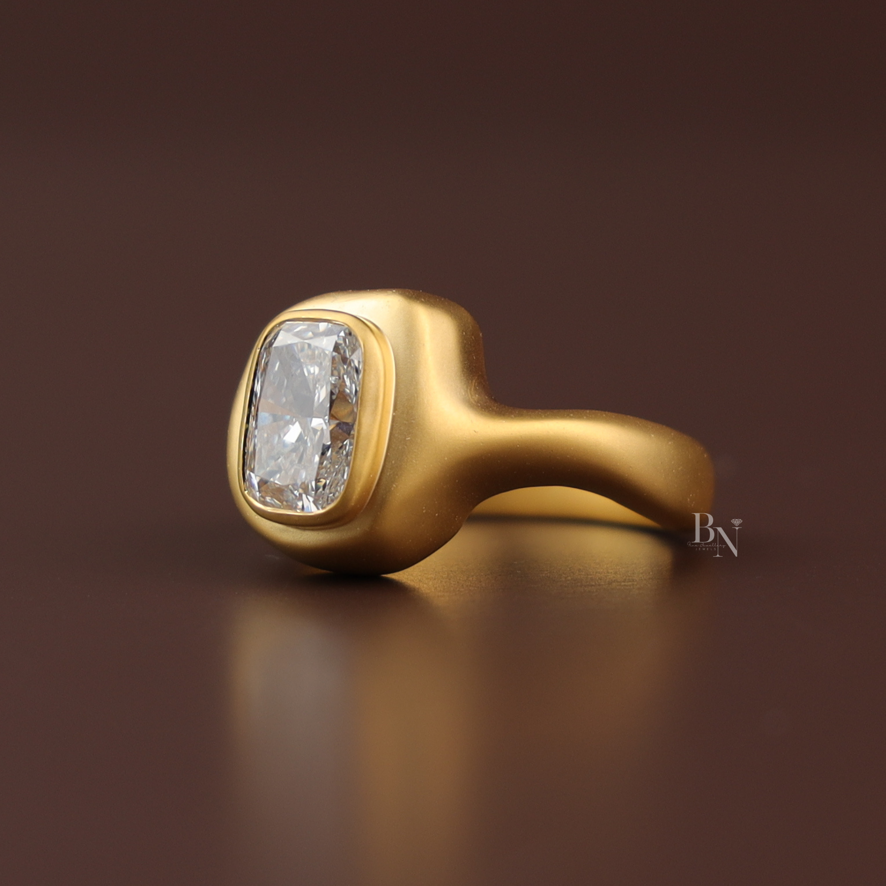 3ct Cushion Cut Lab Grown Diamond Engagement Ring | Matte Bezel Sculptural Chunky Solitaire 14K Yellow Gold