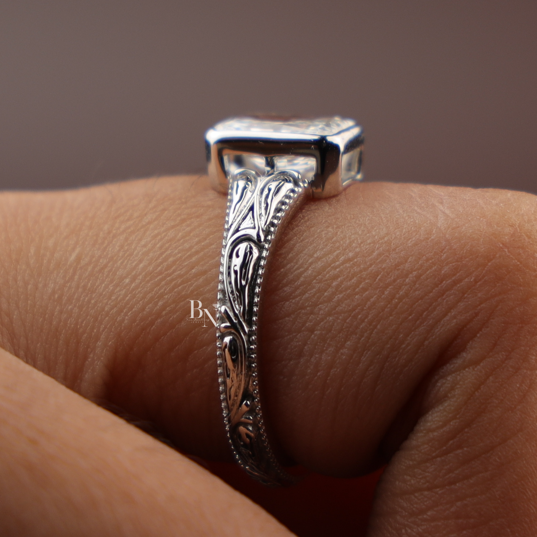 1.5ct Radiant Lab Grown Diamond Engagement Ring | Vintage Engraved Bezel Art Deco 14K Gold