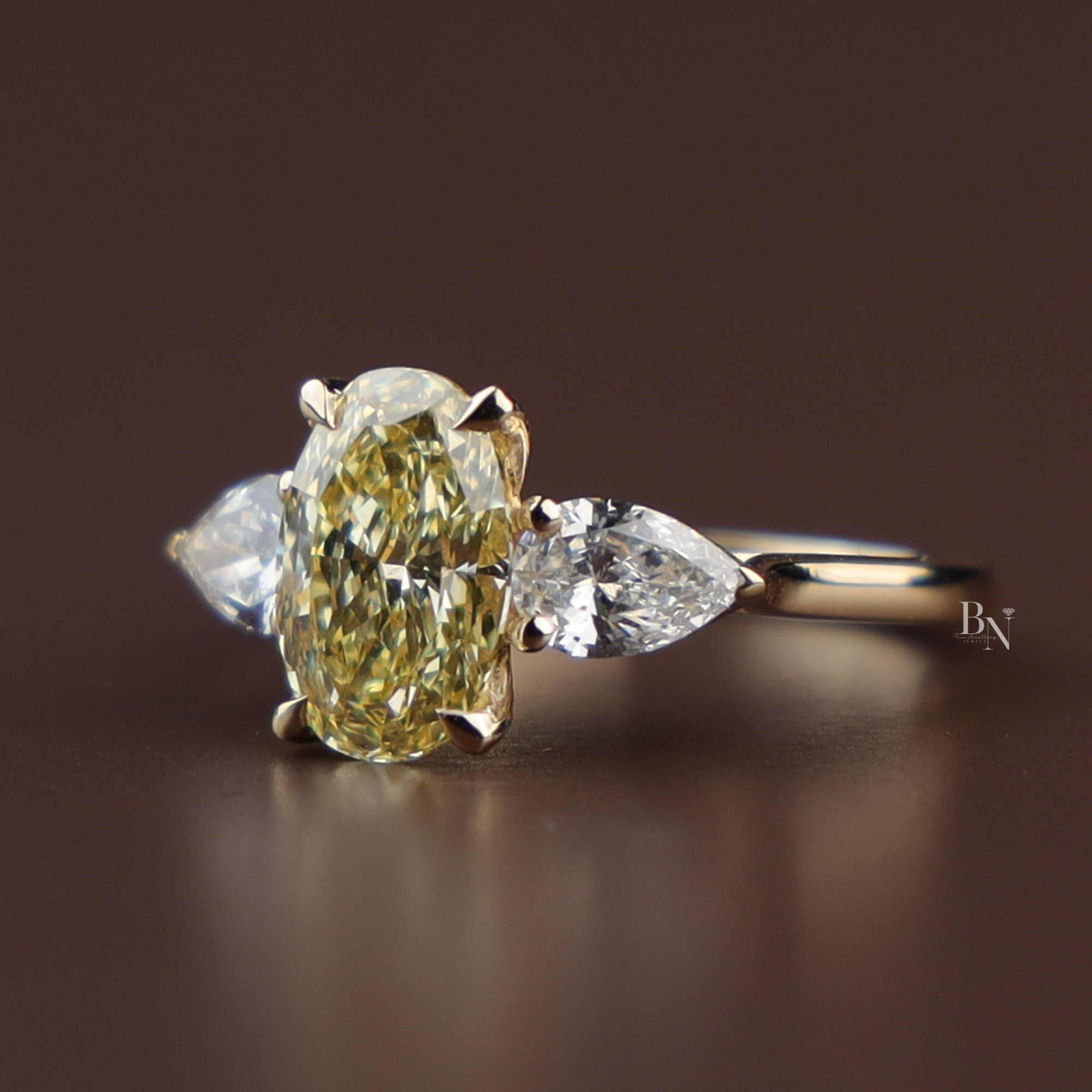 2ct Fancy Yellow Oval Lab Grown Diamond Engagement Ring | 14K Yellow Gold Three Stone Ring | Pear Cut