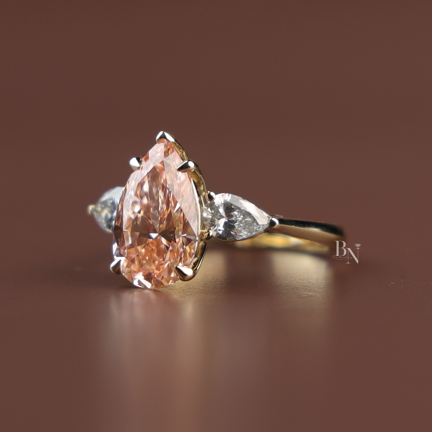 3ct Fancy Pink Pear Cut Lab Grown Diamond Engagement Ring | Three Stone Tapered Bridal 14K Yellow Gold