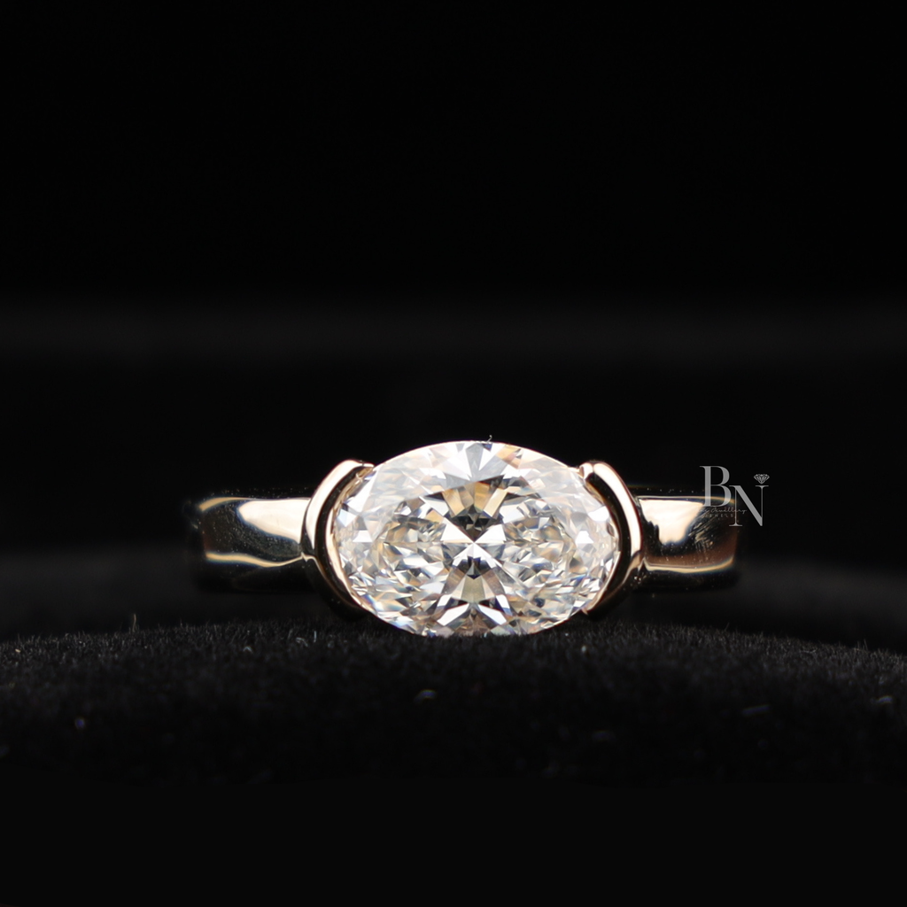 3ct East West Oval Cut Lab Grown Diamond Engagement Ring | 14K Yellow Gold Bezel Solitaire | Horizontal Oval Plain Band