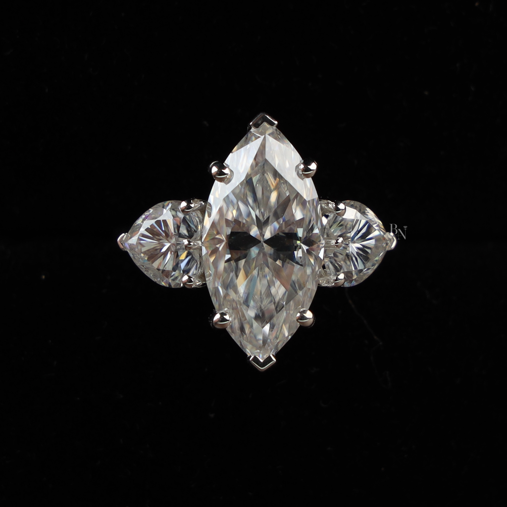 5.50ct Marquise Lab Grown Diamond Engagement Ring | Heart Side Stones | 14K White Gold Three Stone Ring | IGI Certified | V-Tip Solitaire