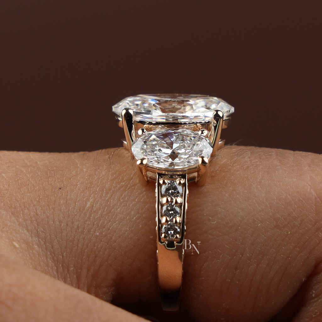 4ct Oval Lab Diamond Engagement Ring, 14K Rose Gold Three Stone Ring, Graduated Oval Bridal Ring, Pave Anniversary Ring, Unique Wedding Ring