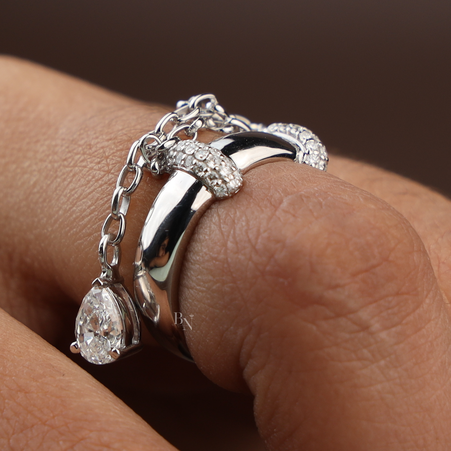 Pear Cut Lab Grown Diamond Dangle Chain Ring | Lariat Band 14K White Gold
