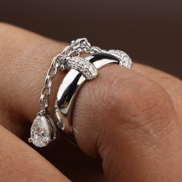 Pear Cut Lab Grown Diamond Dangle Chain Ring | Lariat Band 14K White Gold