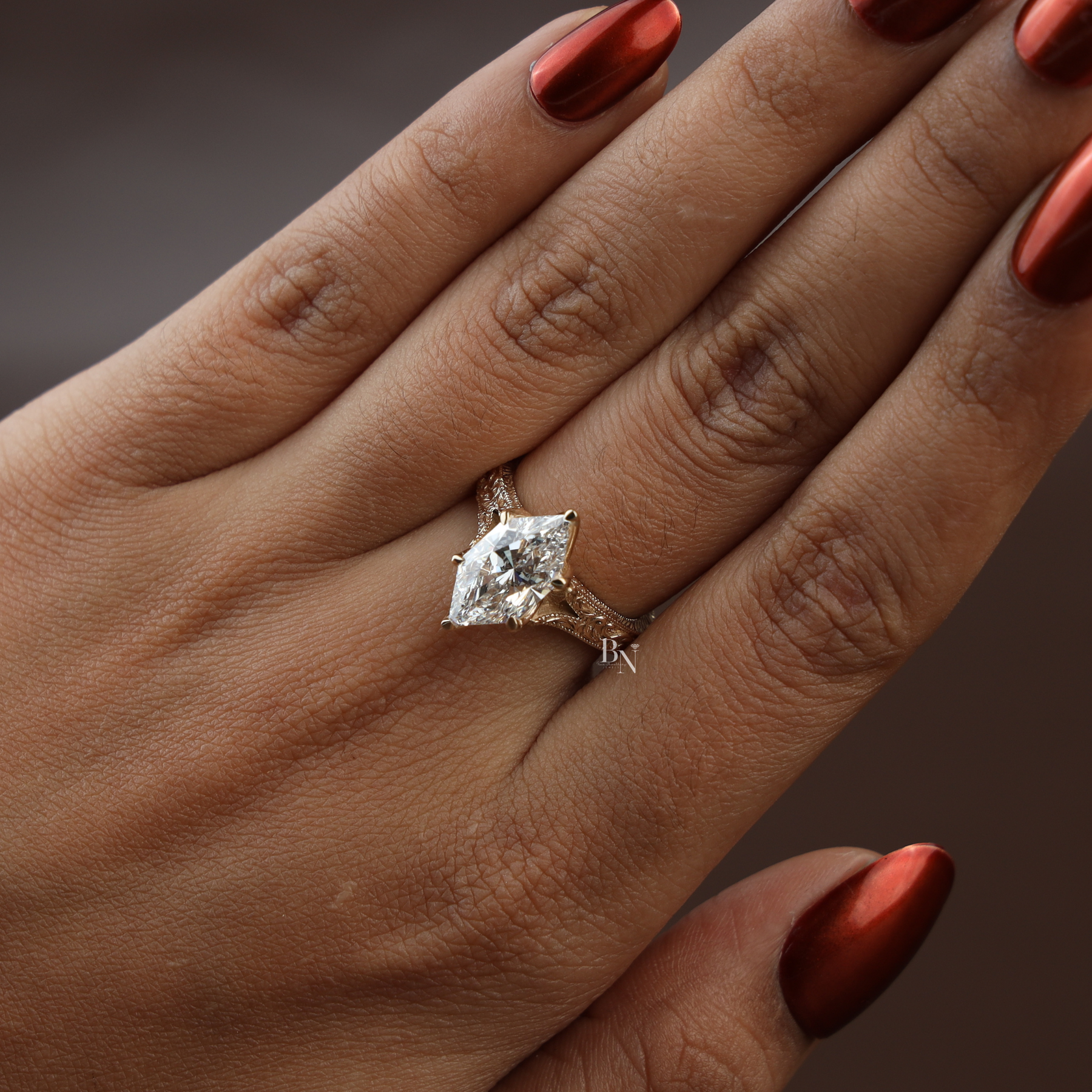 3ct Dutch Marquise Lab Grown Diamond Engagement Ring | Vintage Engraved Band 14K Yellow Gold